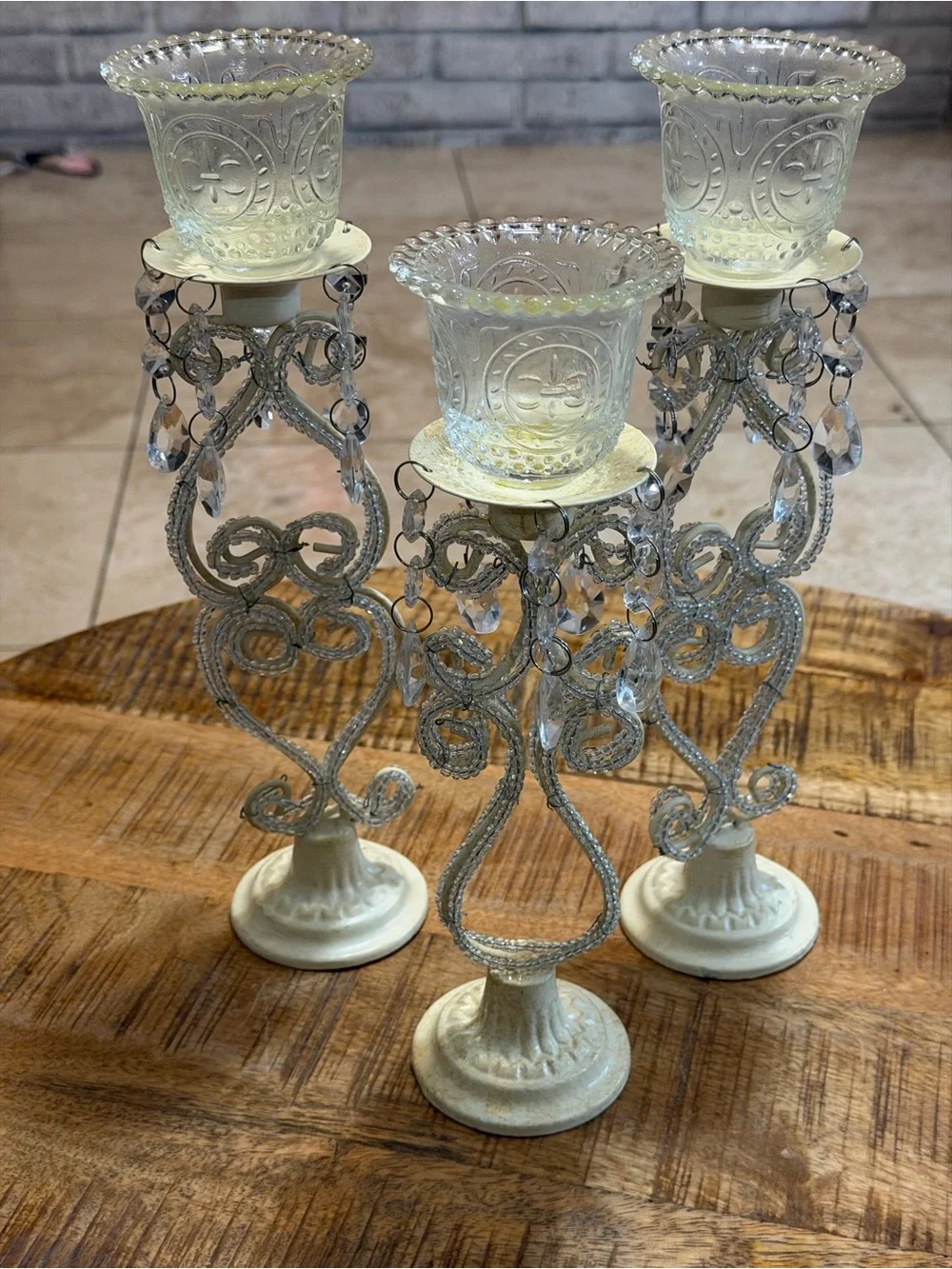 3 Shabby Chic White Metal Beaded Votive Candle Holders Cut Glass Faux Crystal